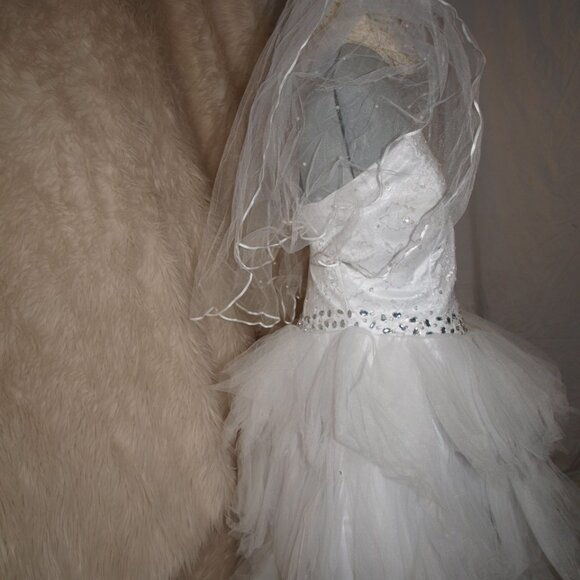 White Veil 2 Layer with Pearl Gems Ribbon Trim USED FOR PHOTO SHOOTS - Picture 4 of 9